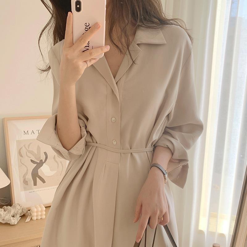 Korean chic minimalist versatile lapel single-breasted lace-up waist and hem slit shirt dress for women