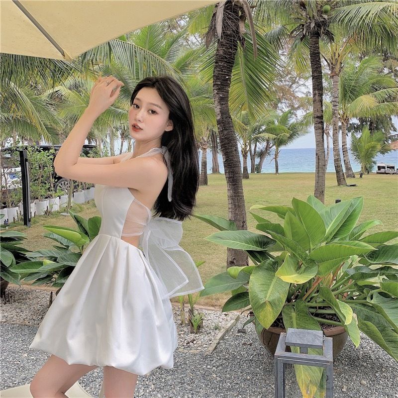 New Korean style fashionable slim slim lace mesh bow halter dress women's vest dress women summer