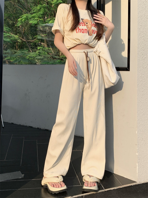 New ultra-thin wide-leg pants for women, slim casual pants with smiley face, double drawstring belt, autumn and winter style