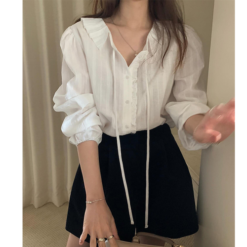 Early spring new Korean style Korean style solid color sweet daily gentle lapel lace up shirt