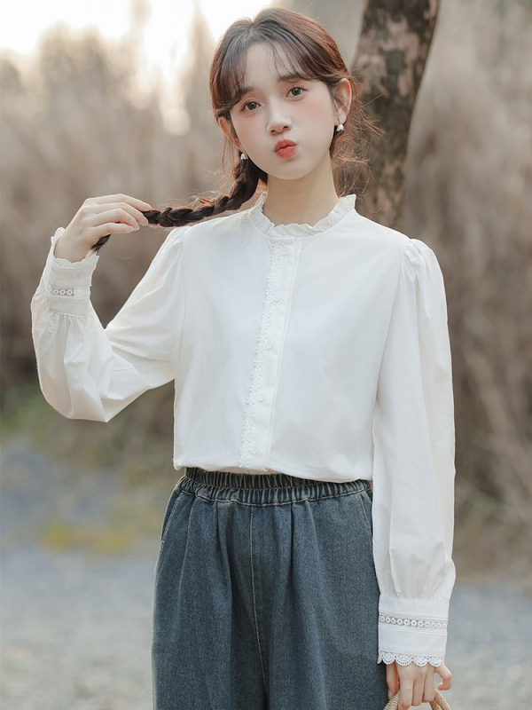 Spring new embroidered lace stand-up collar lady's long-sleeved shirt shirt for women