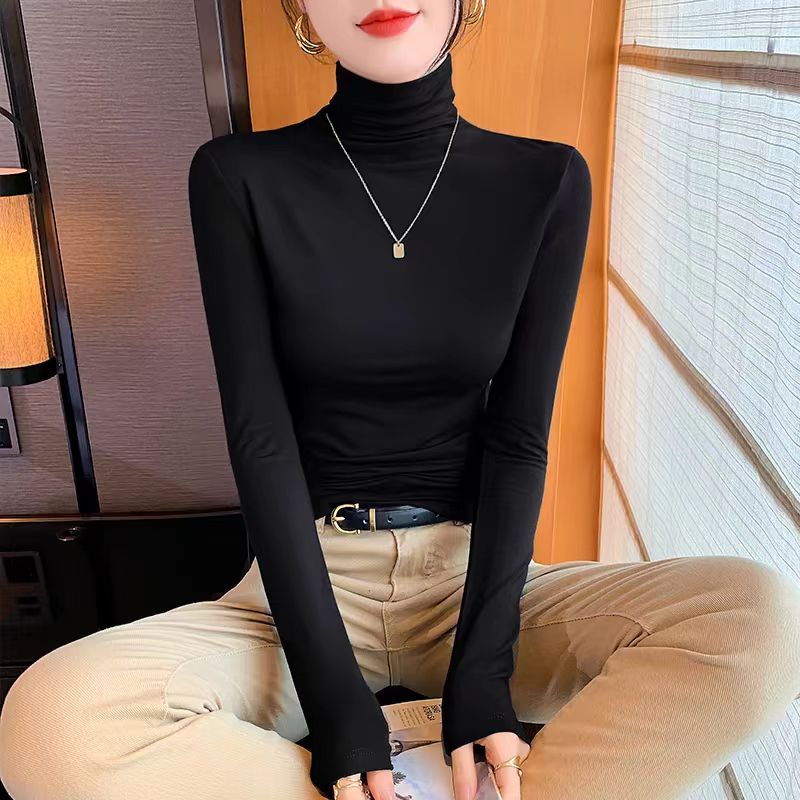 Turtleneck bottoming shirt for women, autumn and winter style, pile collar, high-end thin top