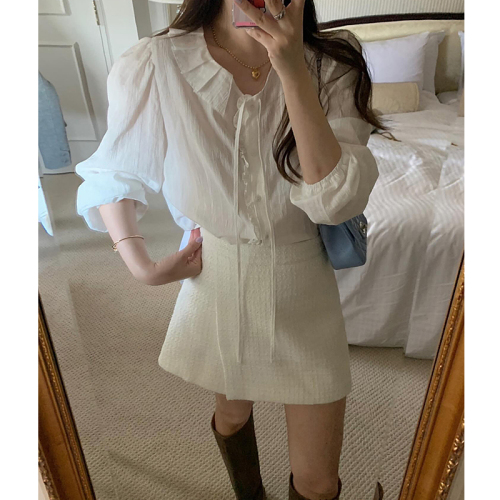 Early spring new Korean style Korean style solid color sweet daily gentle lapel lace up shirt