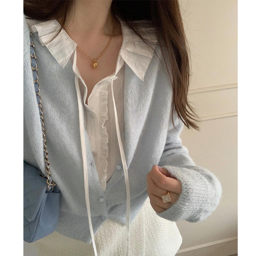 Early spring new Korean style Korean style solid color sweet daily gentle lapel lace up shirt