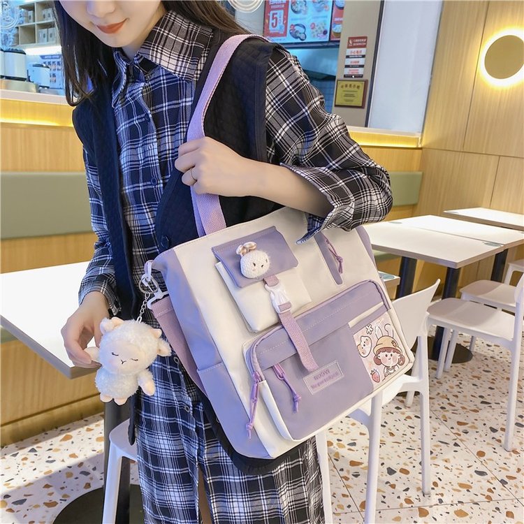 New large-capacity handbag for women, simple ins contrasting color, college student class crossbody bag, tote bag, shoulder bag