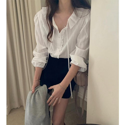 Early spring new Korean style Korean style solid color sweet daily gentle lapel lace up shirt