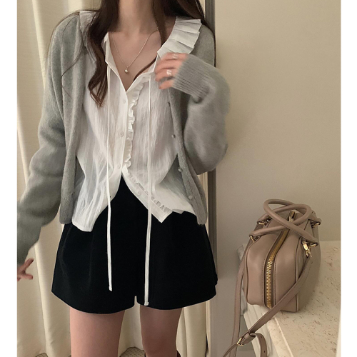 Early spring new Korean style Korean style solid color sweet daily gentle lapel lace up shirt