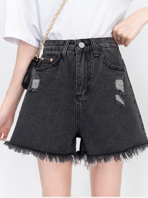 Pear-shaped figure high-waisted large size denim shorts for women summer thin large size slimming loose student wide-leg a-line pants