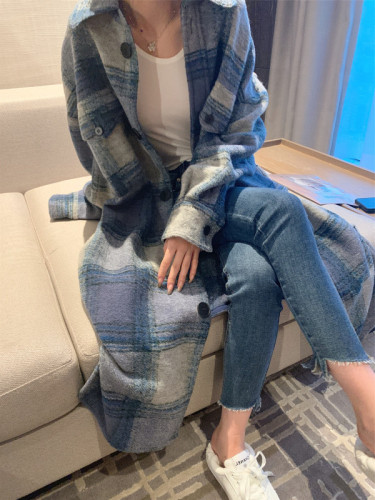 Autumn and winter Korean loose plaid woolen coat French niche silhouette blue plaid mid-length coat for women