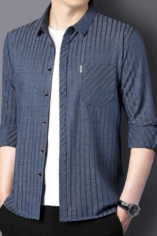 Fashionable men's long-sleeved shirts, casual striped handsome shirts, autumn and winter velvet thickened jackets