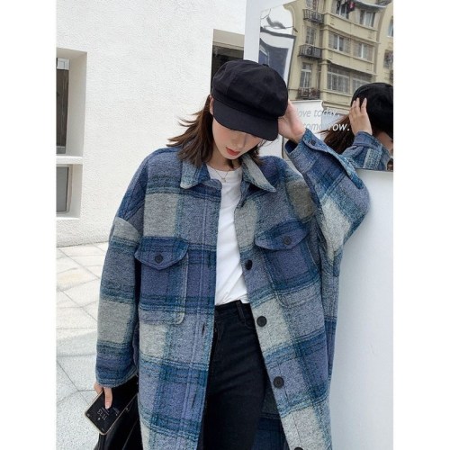 Autumn and winter Korean loose plaid woolen coat French niche silhouette blue plaid mid-length coat for women