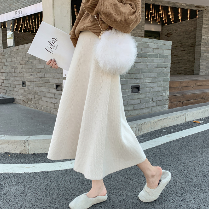 Knitted skirt autumn and winter thickened fat MM large size mid-length high-waisted A-line woolen skirt