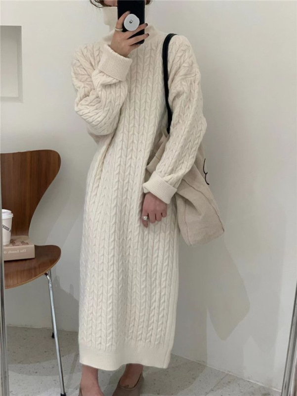 High-necked twist knitted dress for women in fall and winter, high-quality loose and thickened over-the-knee sweater skirt with coat