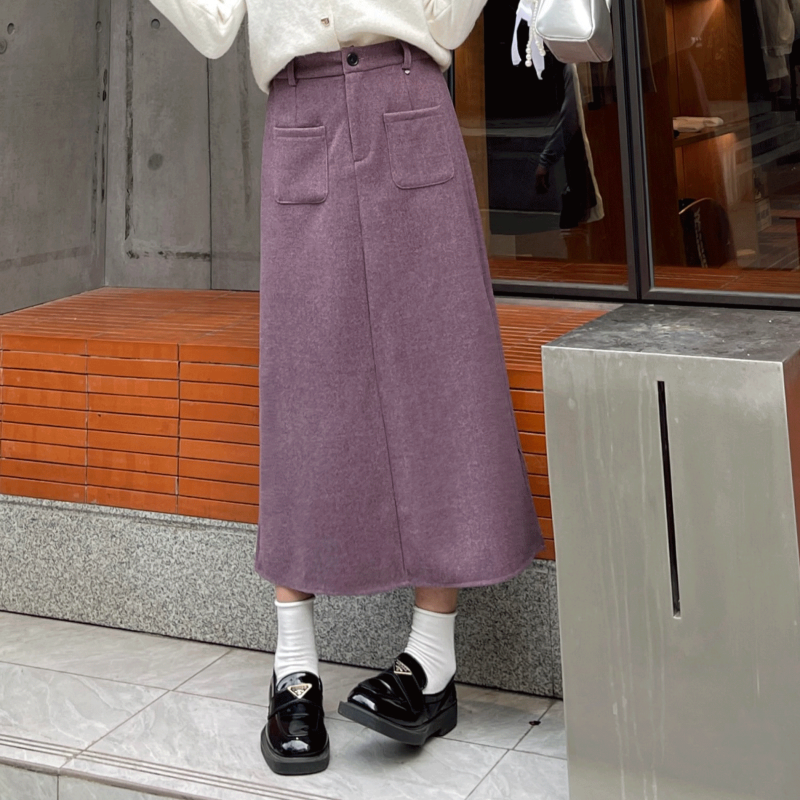 High-end woolen skirt A-line skirt women's autumn and winter French retro high-waist back slit hip-covering long skirt