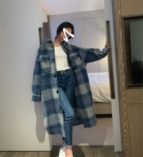 Autumn and winter Korean loose plaid woolen coat French niche silhouette blue plaid mid-length coat for women