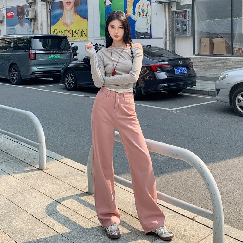 American wide-leg jeans for women, spring new high-waist slimming loose drape straight floor-length mopping pants