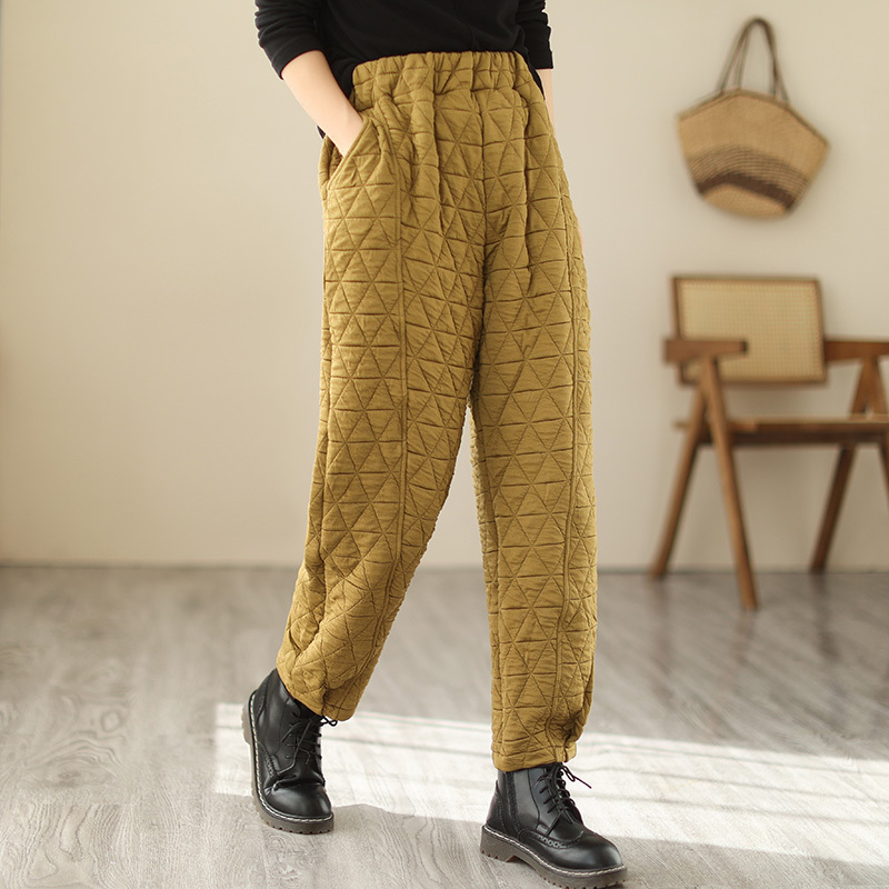 High-waisted cotton trousers for women's outer wear winter quilted thickened cotton and linen casual cuffed trousers large size loose bloomers