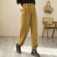 High-waisted cotton trousers for women's outer wear winter quilted thickened cotton and linen casual cuffed trousers large size loose bloomers