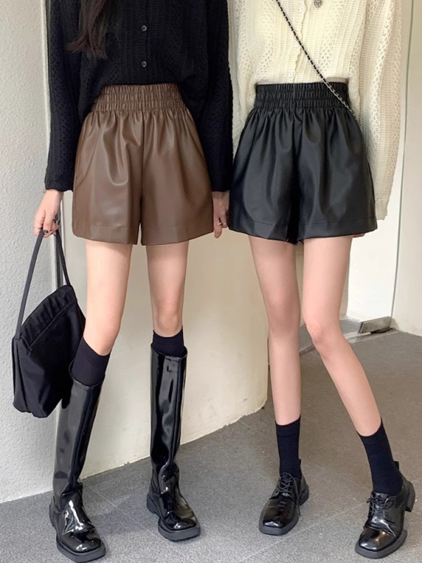 Plus size fat mm high-waisted leather shorts for women in autumn black a-line wide-leg pu leather pants elastic waist casual pants