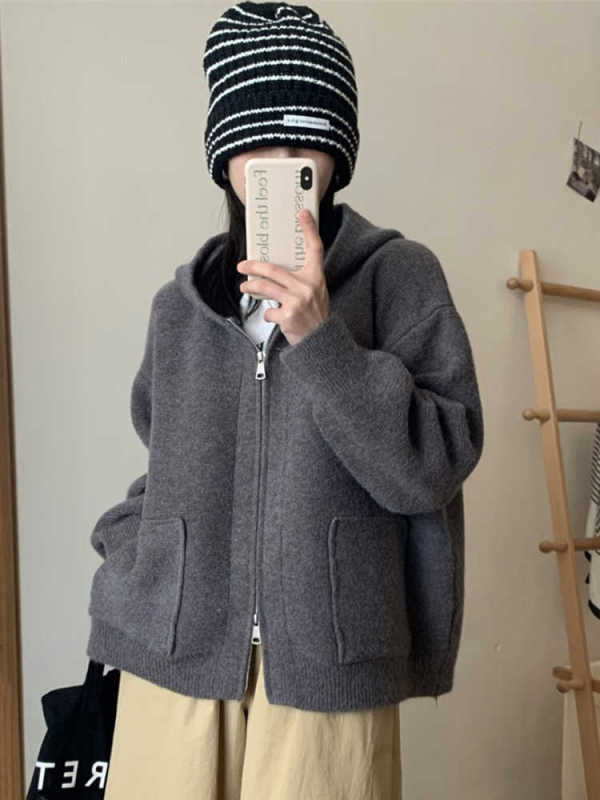 Double zipper hooded sweater for women spring and autumn Korean style gray pocket coat petite solid color top