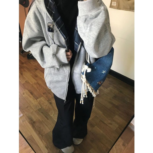 Women's autumn and winter loose hooded cardigan zipper sweatshirt jacket