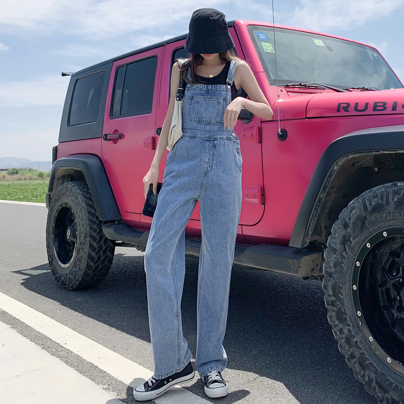 Summer new style overalls for women Korean style high waist loose age-reducing jeans wide leg pants suspenders trousers