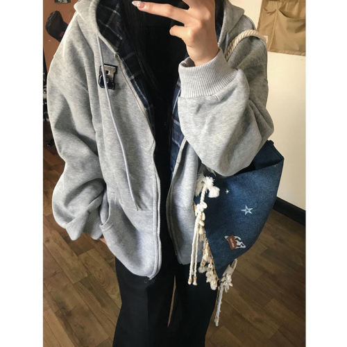 Women's autumn and winter loose hooded cardigan zipper sweatshirt jacket