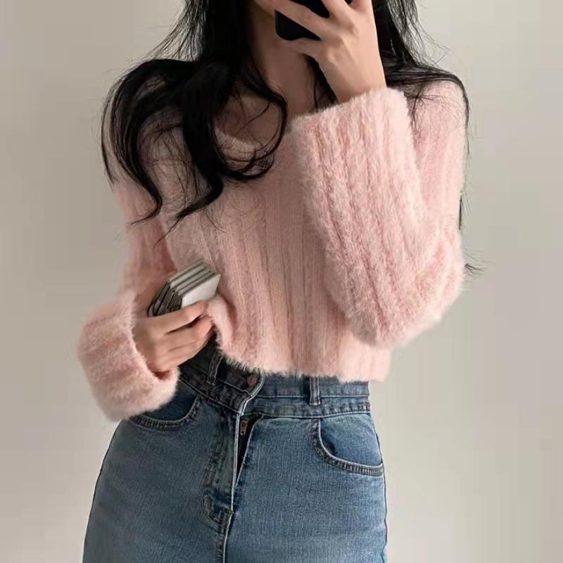 Korean chic lazy style short pullover, gentle and versatile mink velvet V-neck sweater for women, long-sleeved knitted outer pullover for women