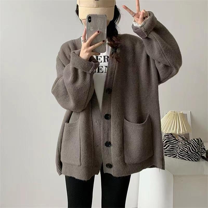 Internet celebrity mid-length sweater jacket for women, lazy style, high-end oversize knitted cardigan, neutral and loose outer wear