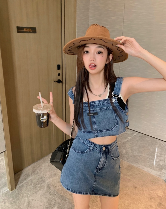 Summer street sweet pants denim overalls + high waist skirt two-piece suit