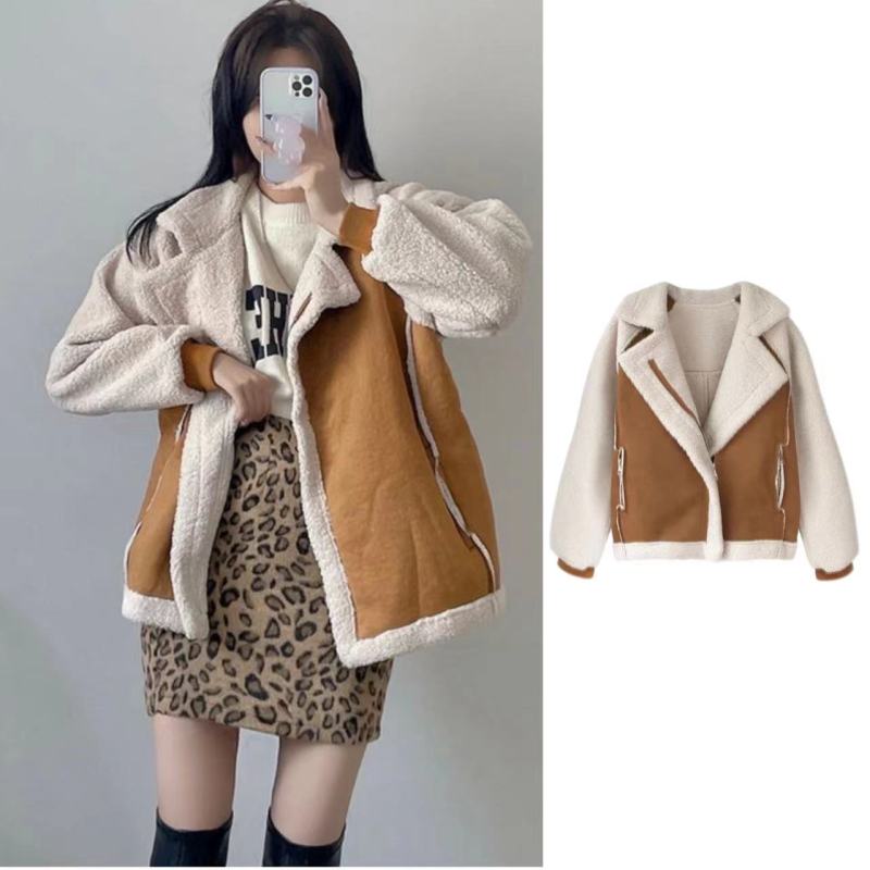 Korean style coat, versatile loose fur all-in-one suede short sherpa motorcycle jacket