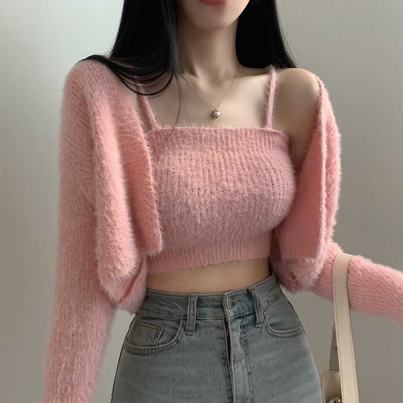 Fashionable soft waxy mink plush two-piece knitted sweater cardigan temperament camisole suit