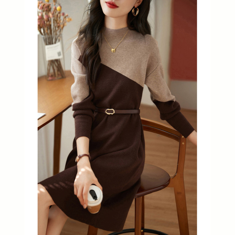 Knitted dress women's long-sleeved temperament slim mid-length style contrasting color patchwork sweater dress