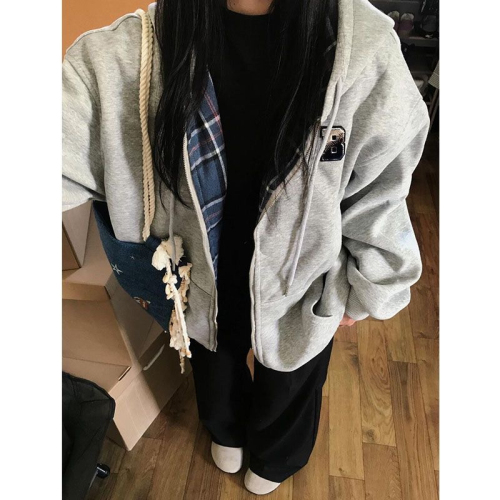 Women's autumn and winter loose hooded cardigan zipper sweatshirt jacket