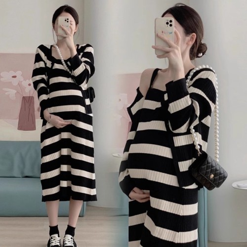Pregnant women's spring and autumn dress for going out, new high-end striped knitted sweater dress, fashionable autumn slimming two-piece set