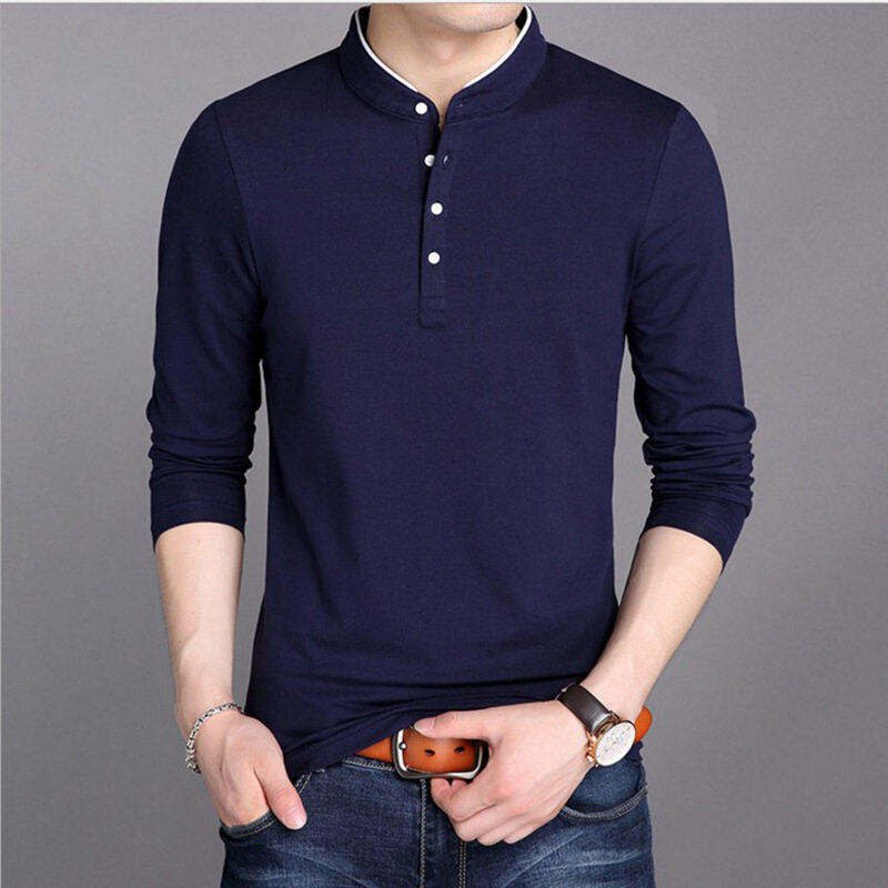 Foreign trade men's cross-border young men's cotton T-shirt men's cotton long sleeves trendy stand collar