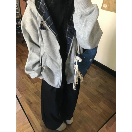 Women's autumn and winter loose hooded cardigan zipper sweatshirt jacket