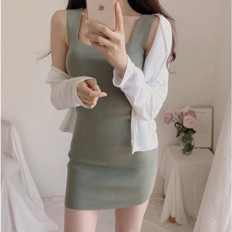 Suspender dress for women, spring and autumn knitted square neck skirt, tight hip-hugging bottoming vest dress, summer inner wear, sleeveless short skirt