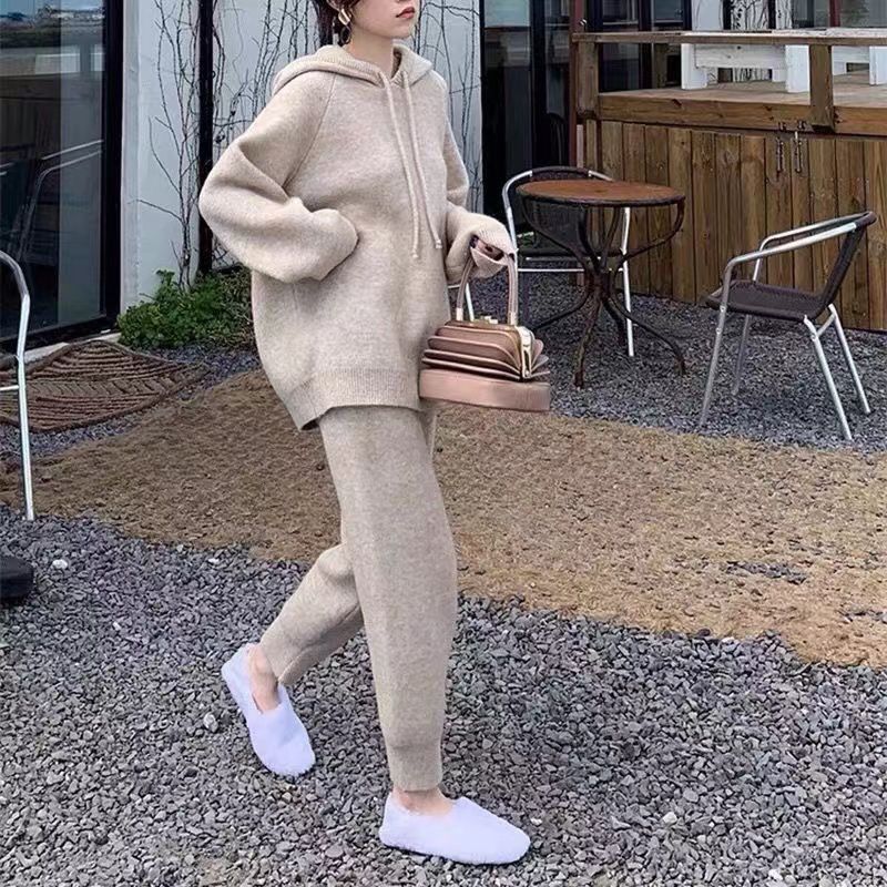 Temperament retro chic knitted casual pants two-piece suit for women spring and autumn hooded sweatshirt