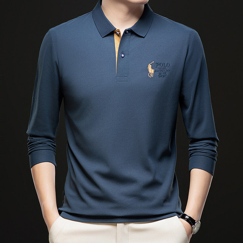 T-shirt men's long-sleeved Polo shirt lapel pure cotton men's collared men's tops and winter shirts