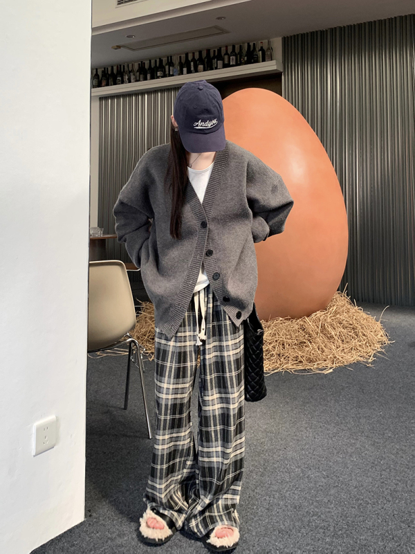 Casual lazy knitted cardigan jacket + elastic waist plaid straight pants