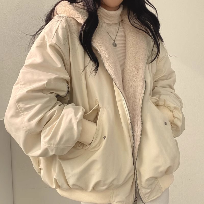 Large size double-sided cotton coat and lamb wool coat for women in winter thickened and velvet fat girl soft girl sweet baseball uniform