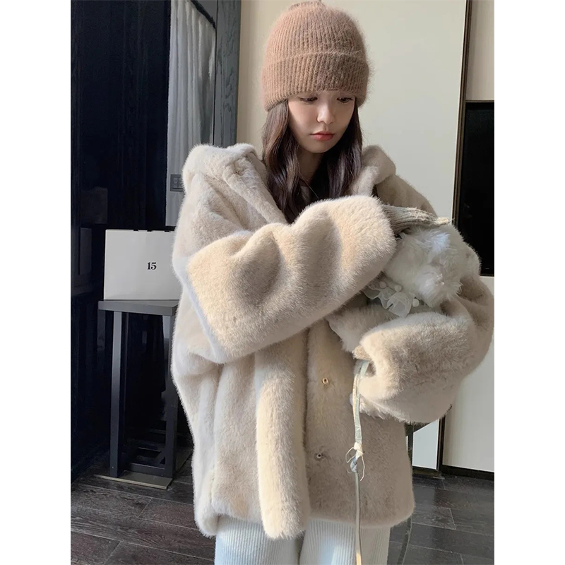 Fur Women's Winter Hooded Loose Thickened Gentle Advanced Lazy Style Top Furry Jacket