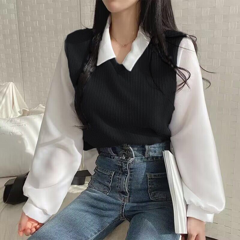 Fake two-piece long-sleeved T-shirt for women autumn new Korean style large size loose top girl casual versatile bottoming shirt