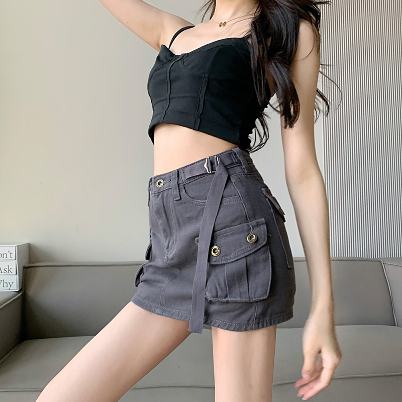 Workwear denim short skirt women's autumn design anti-exposure high-waisted a-line skirt hip-covering culottes ins
