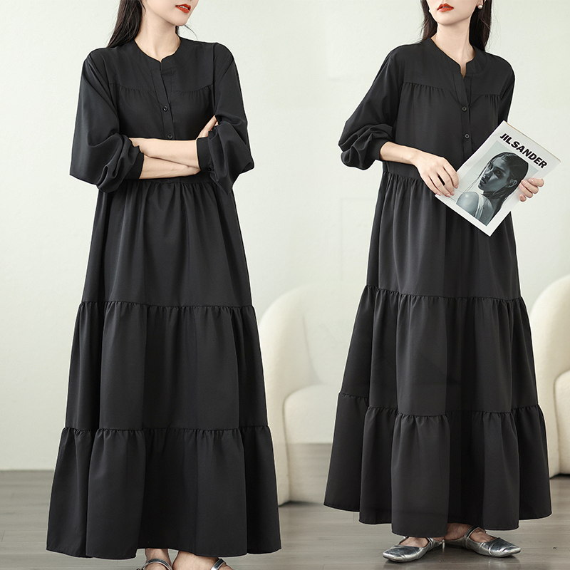 Women's Street Swing Dress Lantern Long Sleeve Hepburn Style Long Dress