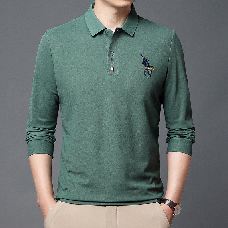 New men's pure cotton long-sleeved T-shirt thin lapel T-shirt young and middle-aged men's casual bottoming POLO shirt