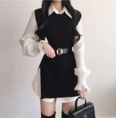 New Korean style waist slimming mid-length white shirt knitted lace-up vest two-piece set