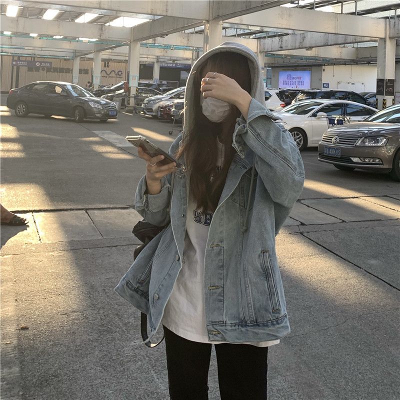 Korean fake two-piece hooded denim jacket winter mid-length Korean style loose casual long sleeves