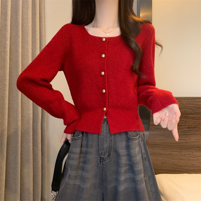 New Korean style square collar temperament knitted sweater cardigan